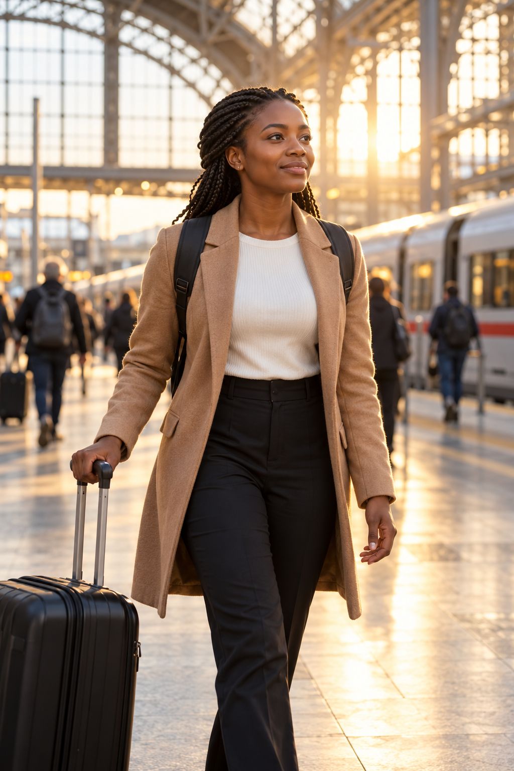 A young Kenyan professional with a suitcase arriving at a sunlit European train station