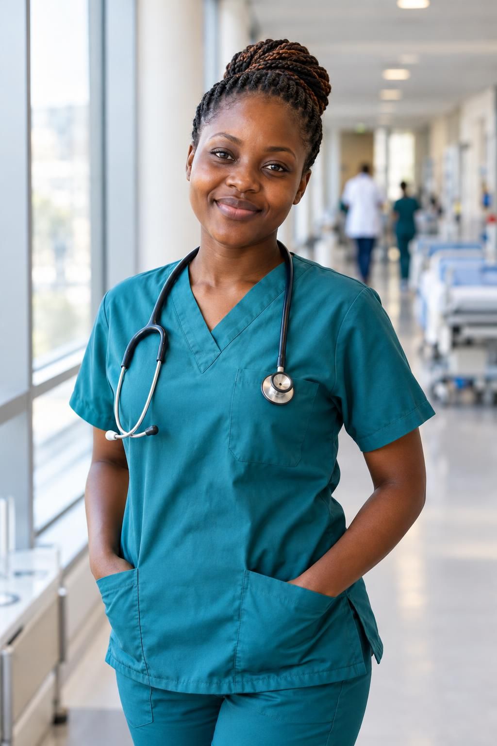 A smiling Kenyan nurse in teal scrubs with a stethoscope, standing in a bright hospital corridor