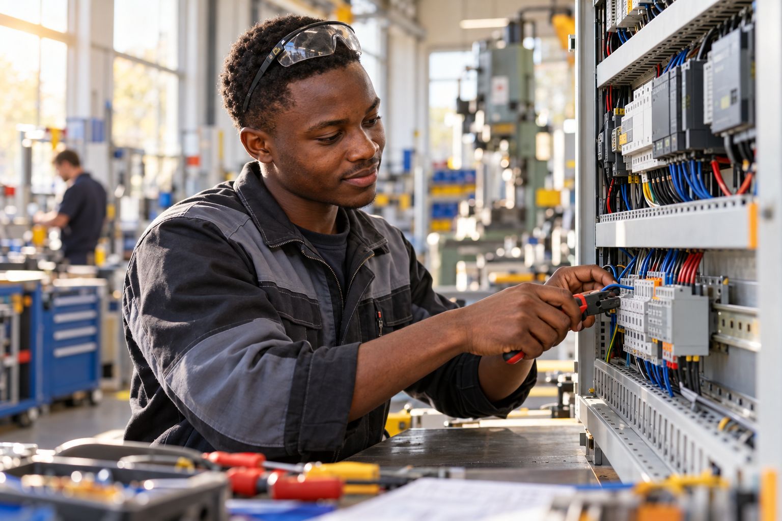 A young Kenyan electrician wiring a control panel in a modern German workshop