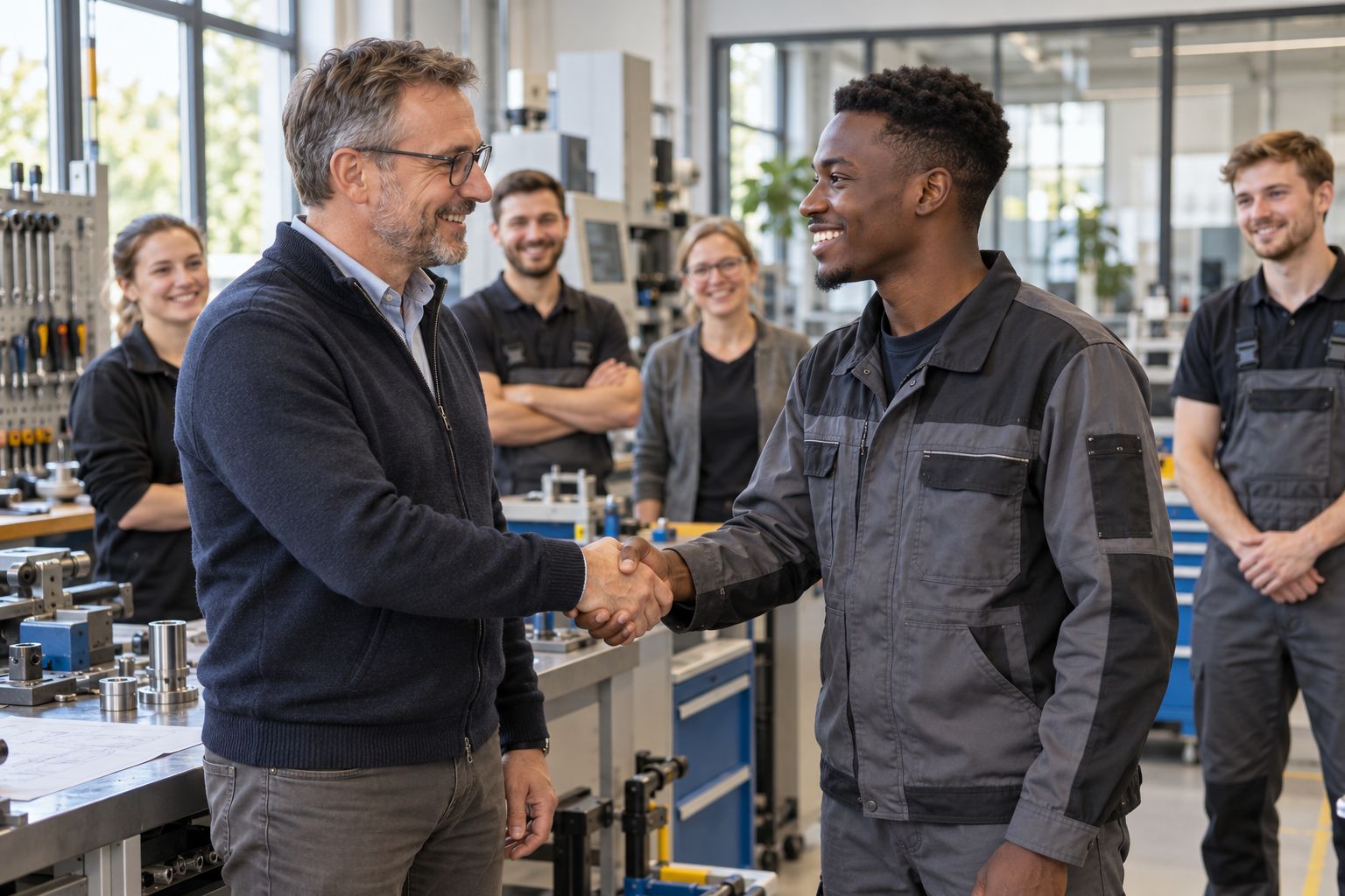 A German employer shaking hands with a new Kenyan team member as colleagues smile